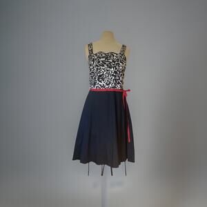 Rockabilly Pin-Up Dress Black White Damask Bodice Red Sash Retro Fit & Flare 12P
